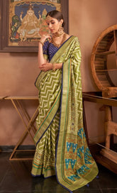 Parrot Green and Blue Leheriya Patola Contemporary Banarasi Crepe Silk Saree